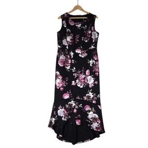 Enfocus High Low Maxi Sheath Dress 14W Black Pink Floral Rose Sleeveless Evening